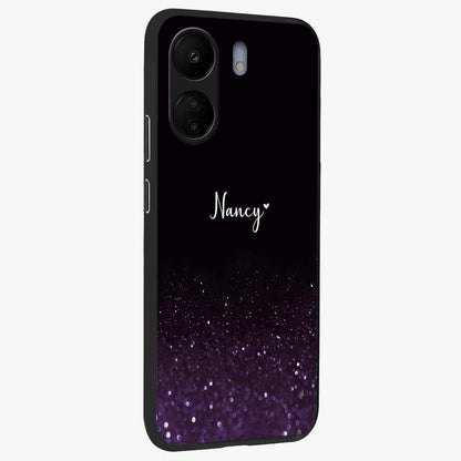 Glittery Purple Bokeh Custom Name Glass Case upright view showcasing vibrant purple sparkle artwork with personalized aesthetic style.