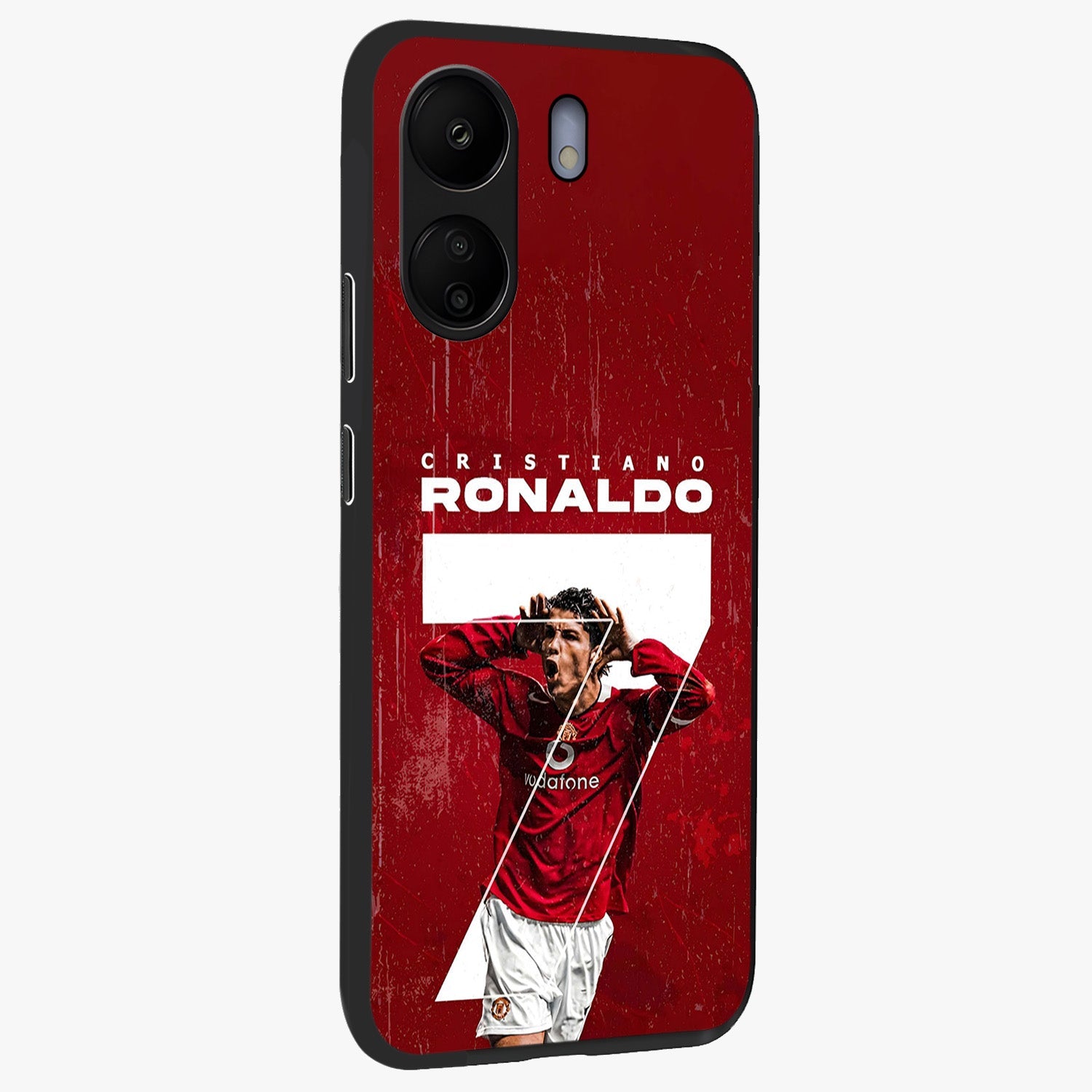 Goal Celebration Legacy Glass Case upright view showcasing dynamic football inspired artwork with victory celebration aesthetic.
