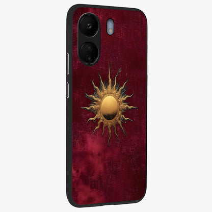 Golden Sun Minimalism Glass Case upright view showcasing simple golden sun artwork with elegant minimalist style.