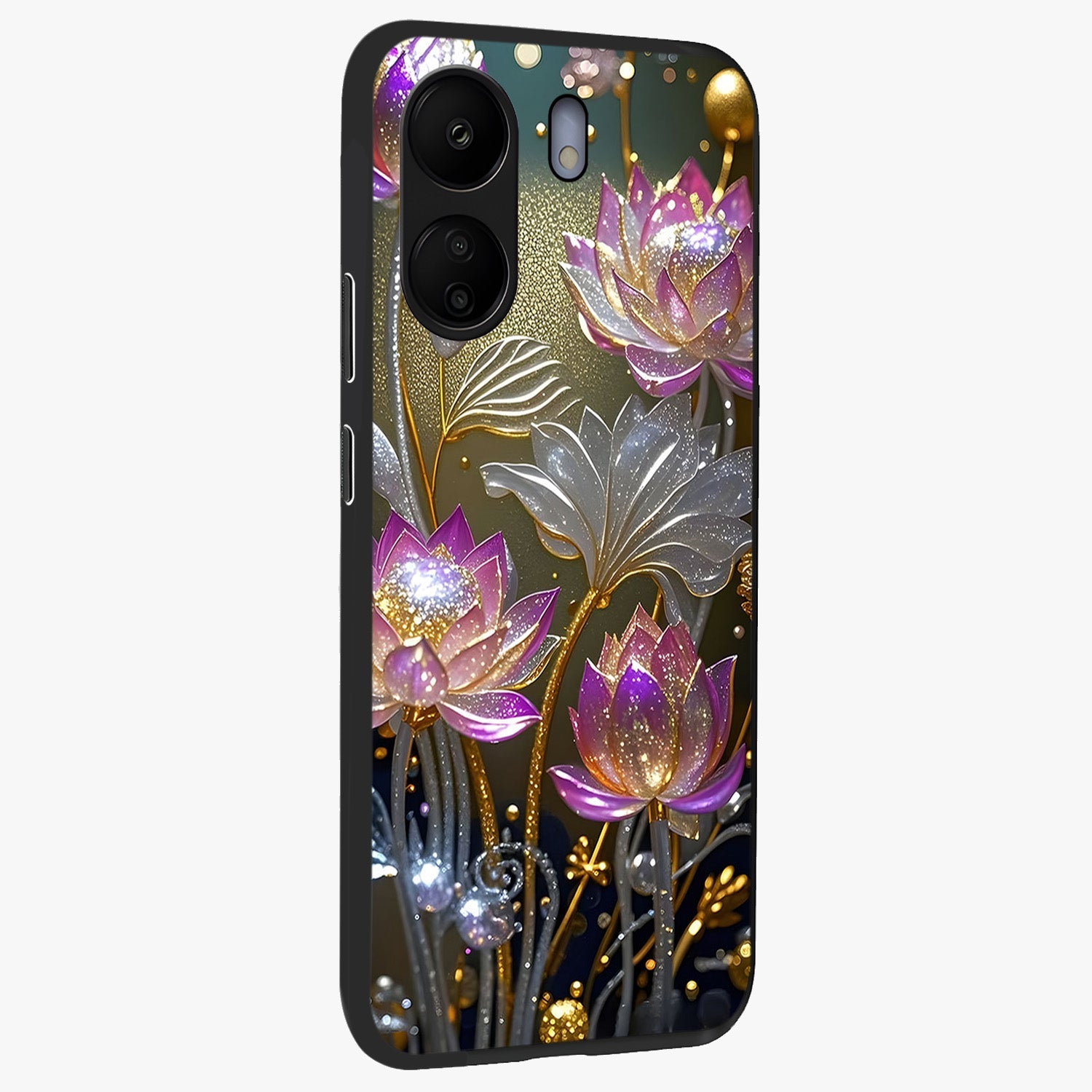Golden Floral Majesty Glass Case upright view showcasing majestic floral artwork with rich decorative theme.