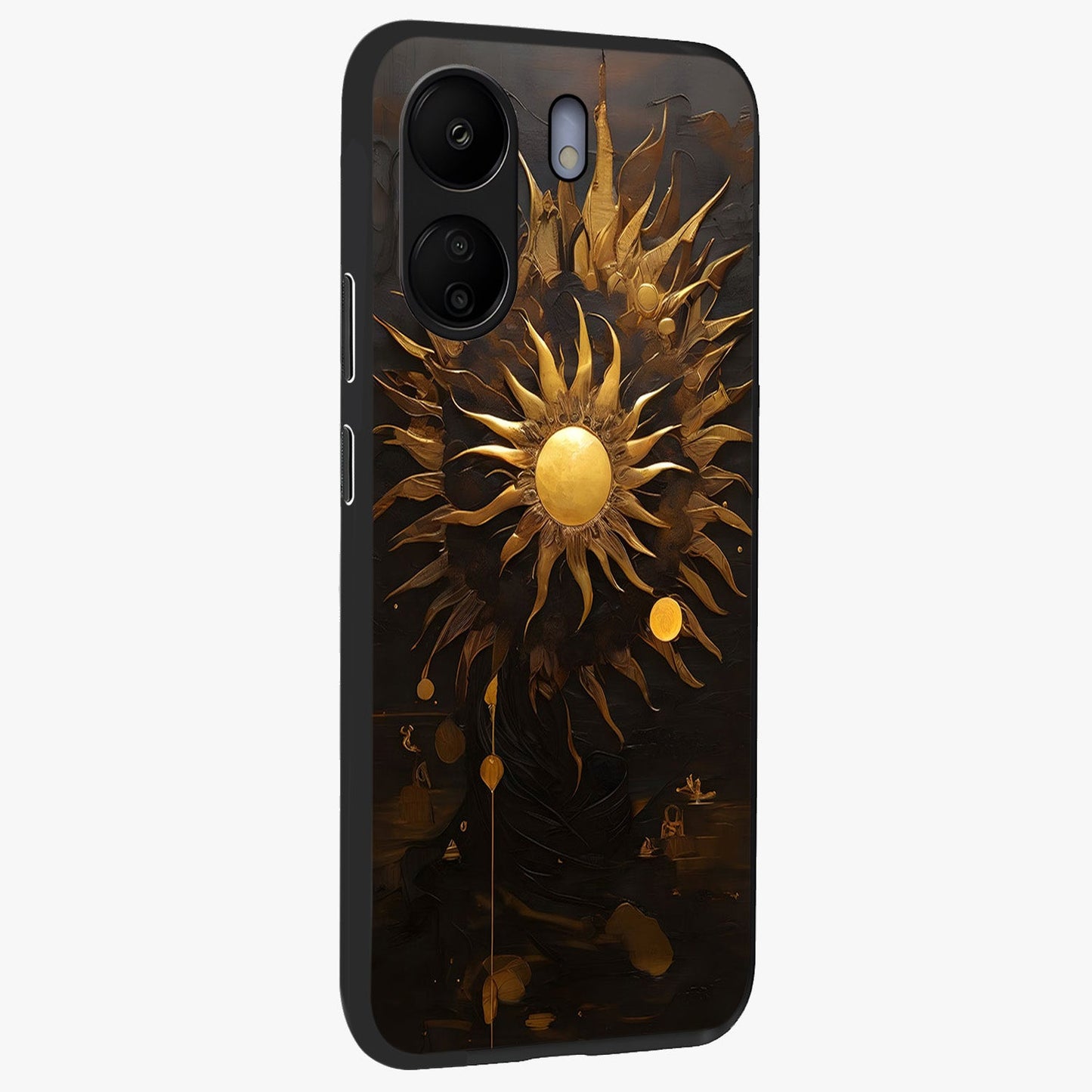 Golden Sun Majesty Glass Case upright view showcasing haunting graveyard artwork with dramatic dark theme.