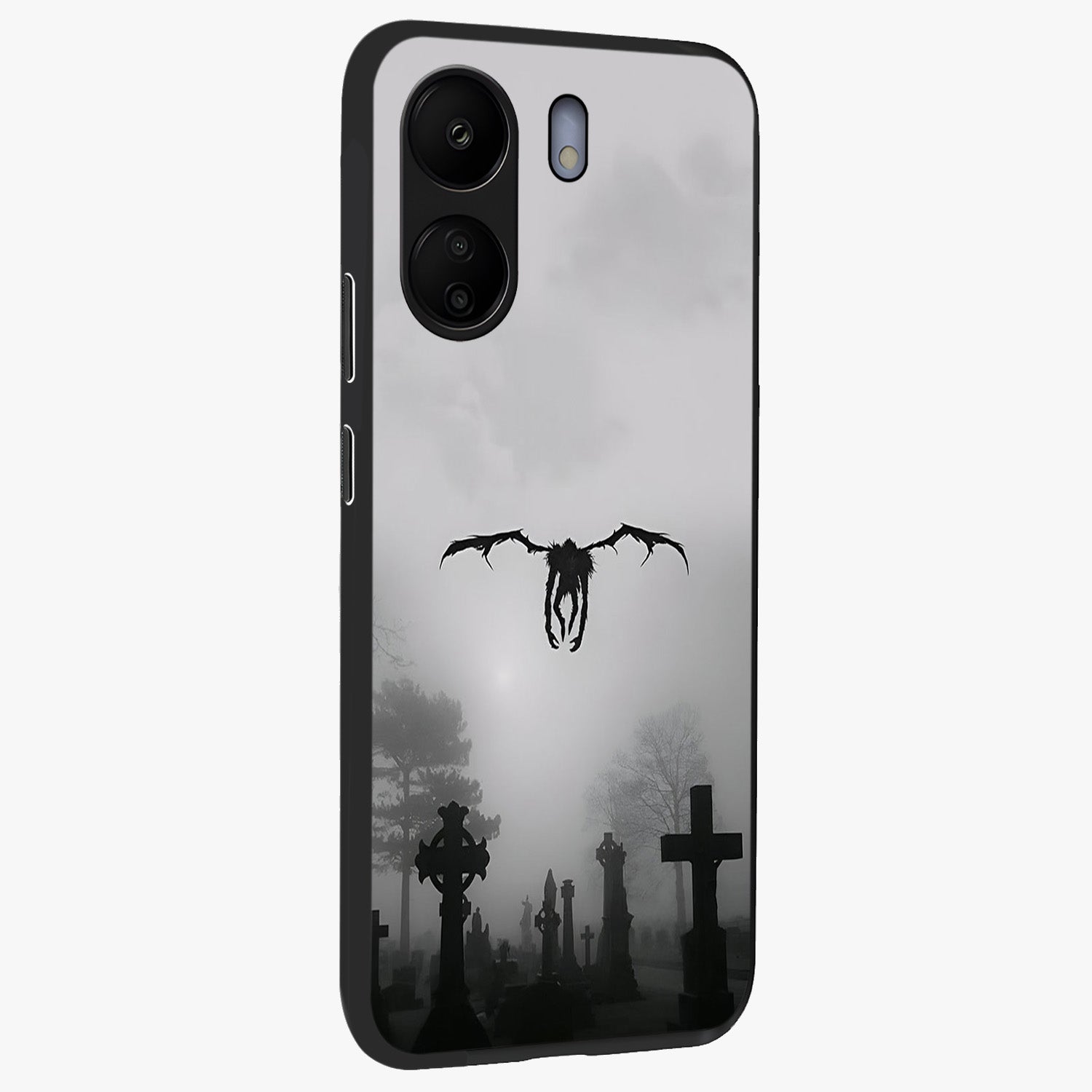 Graveyard Shadow Descent Glass Case upright view showcasing haunting graveyard artwork with dramatic dark theme.