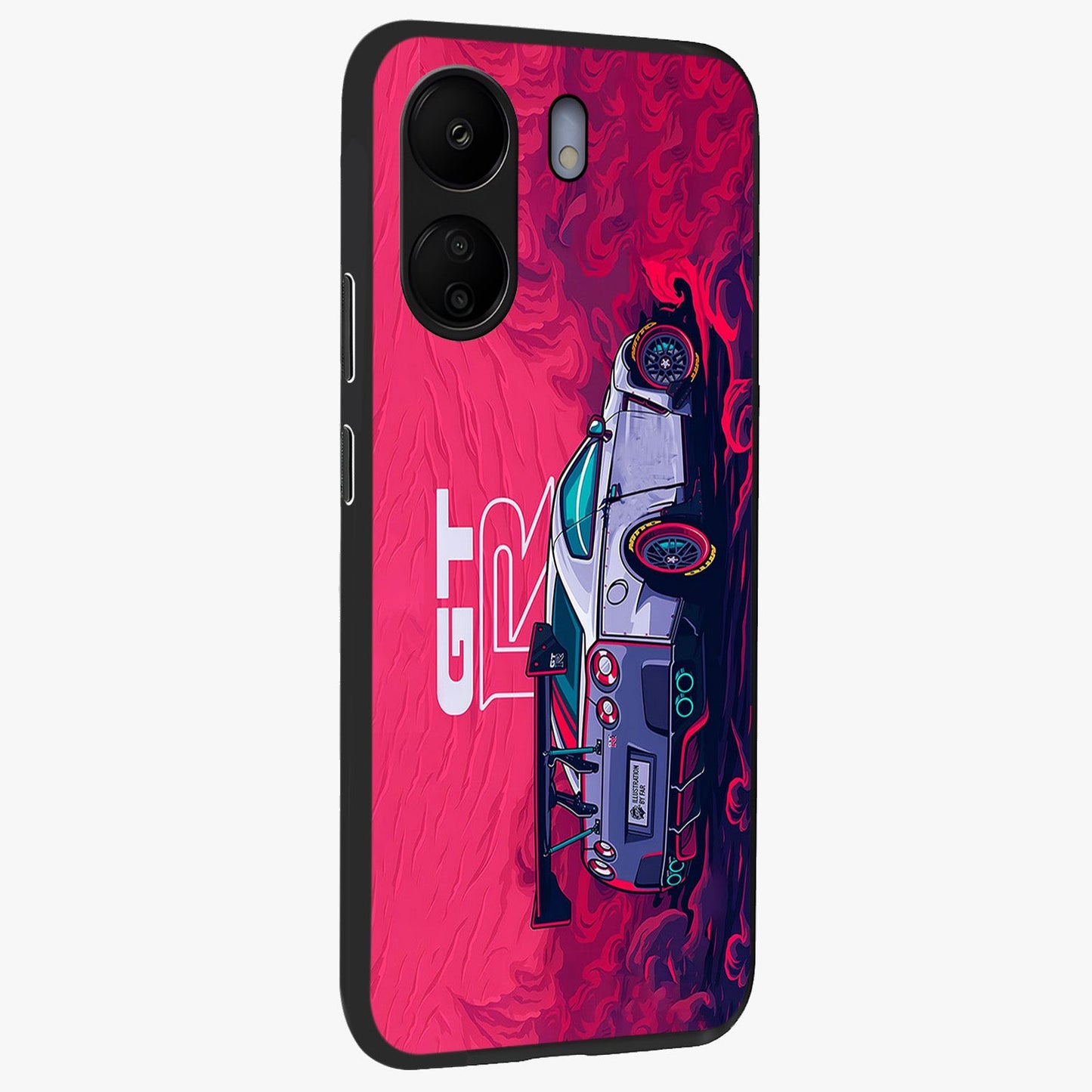 GT-R Car Pattern Glass Case upright view showcasing dynamic car pattern artwork with modern sports theme.