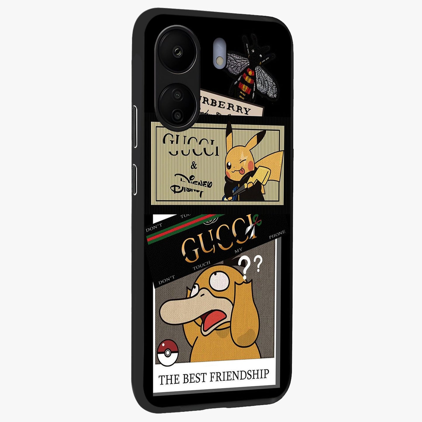 Gucci Play Mashup Glass Case upright view showcasing trendy luxury inspired artwork with modern fashion theme.