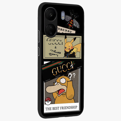 Gucci Play Mashup Glass Case upright view showcasing trendy luxury inspired artwork with modern fashion theme.