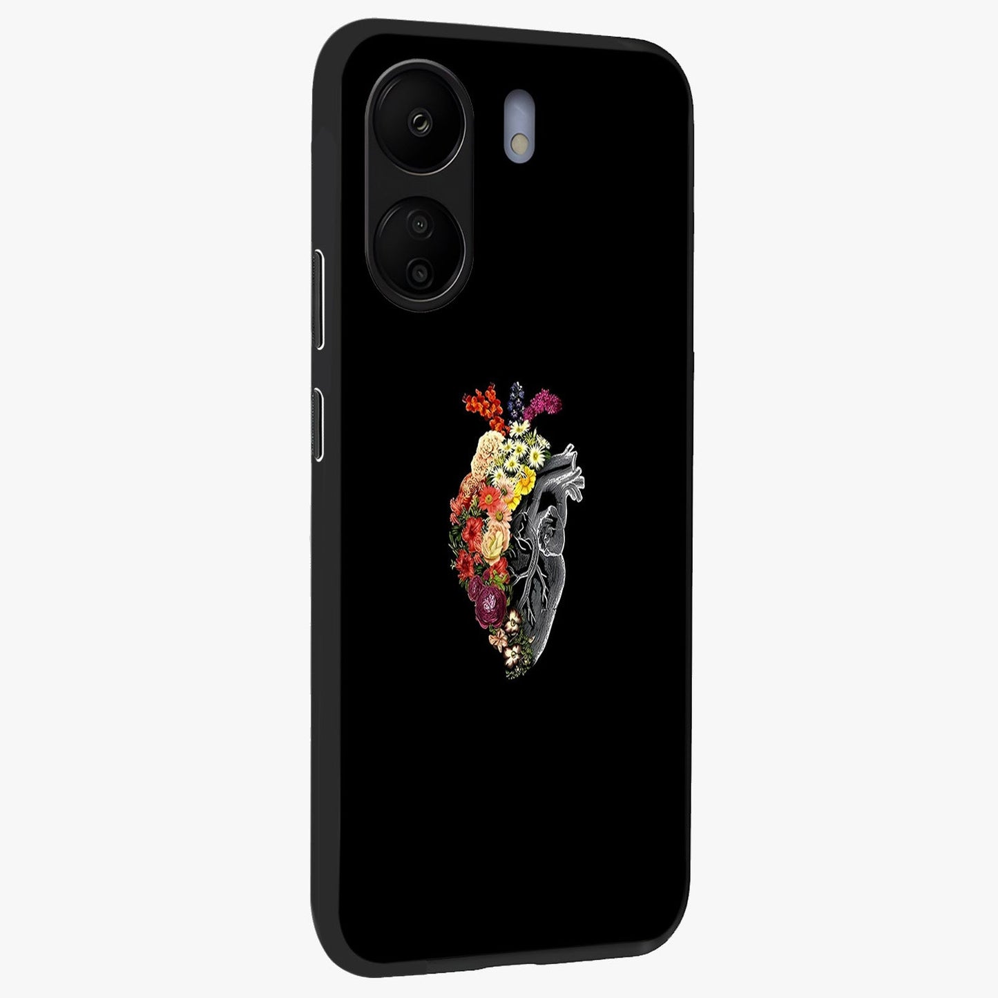 Heart With Flowers Glass Case upright view showcasing decorative heart and floral artwork with sweet romantic theme.
