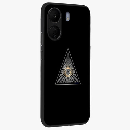 Illuminati Evil Glass Case upright view showcasing striking illuminati artwork with mysterious symbolic theme.