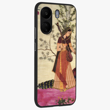 Lady With Veena Art Glass Case upright view showcasing classical veena artwork with traditional artistic theme.