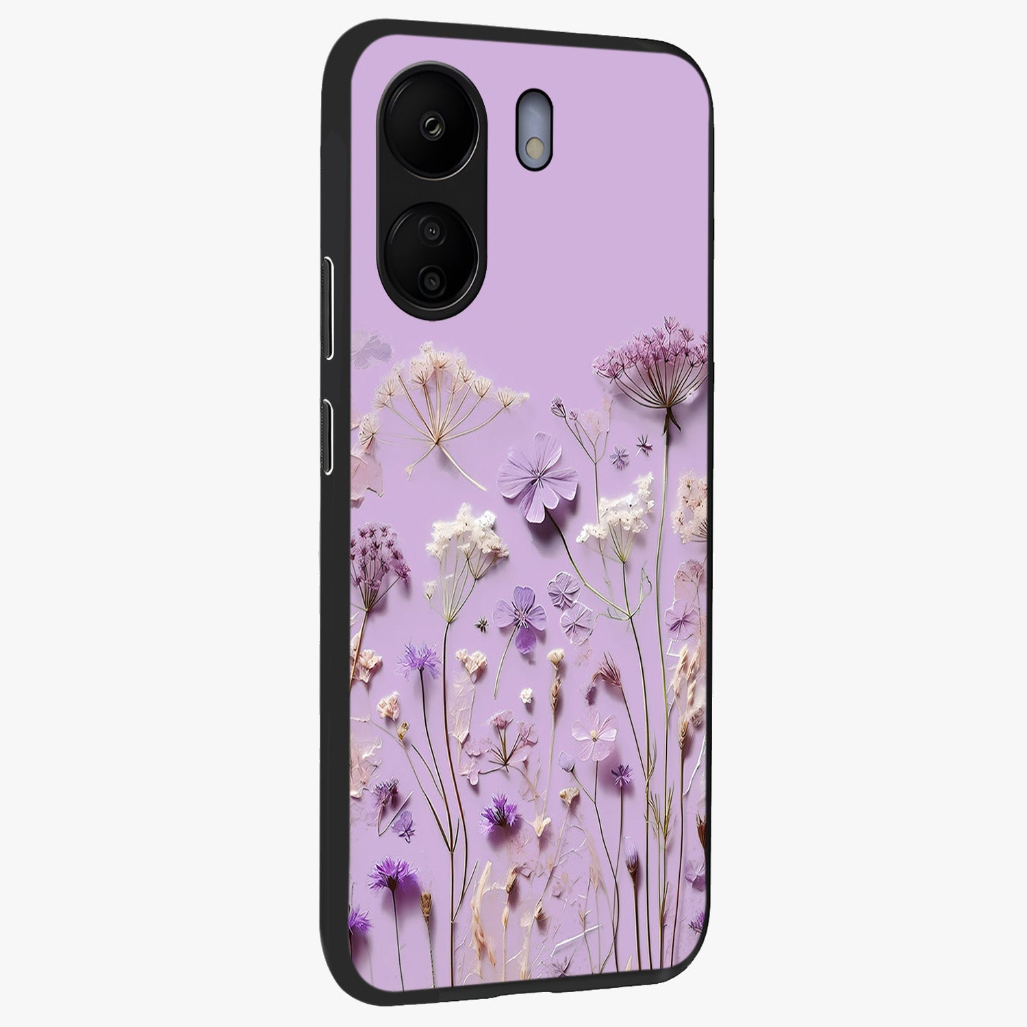 Lavender Blossom Dream Glass Case upright view showcasing delicate lavender blossom artwork with peaceful floral theme.