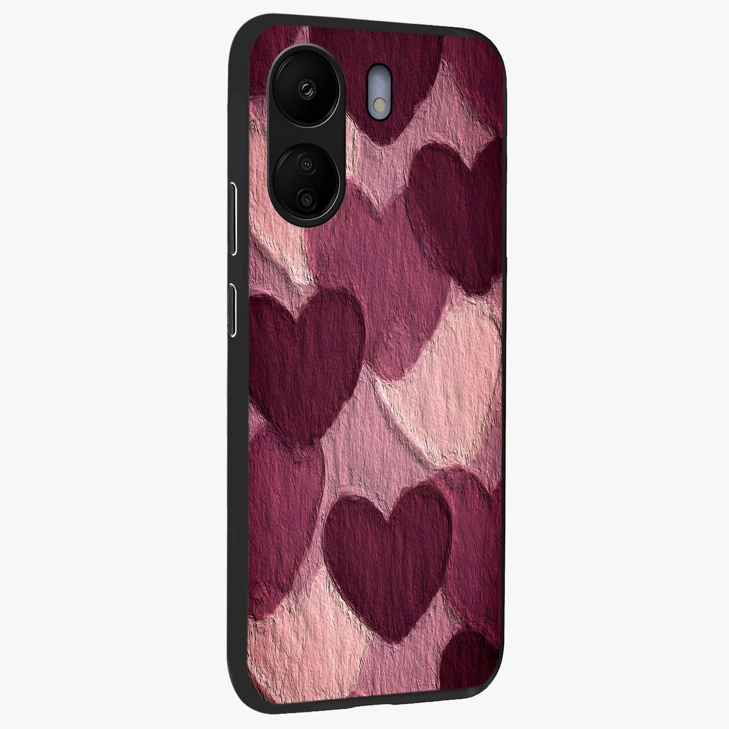 Layered Paper Hearts Glass Case upright view showcasing decorative layered heart artwork with sweet love theme.