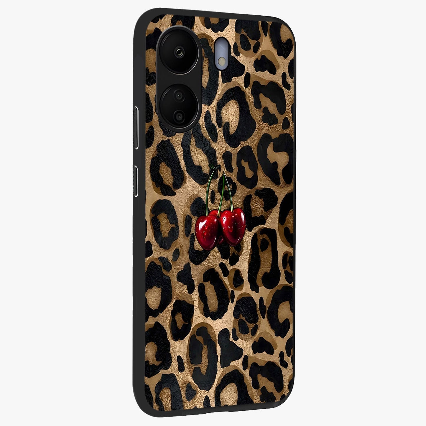 Leopard Wild Cherry Glass Case upright view showcasing stylish leopard pattern artwork with trendy fashion theme.