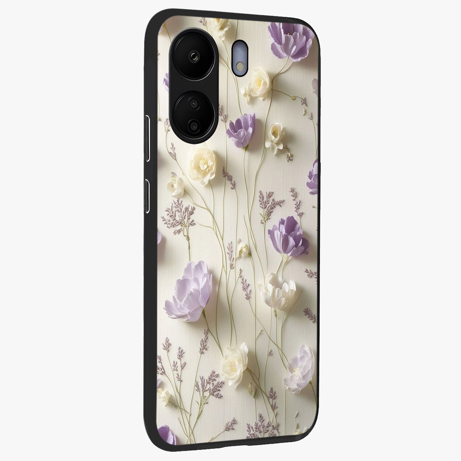 Lilac Breeze Harmony Glass Case upright view showcasing delicate lilac artwork with peaceful floral theme.
