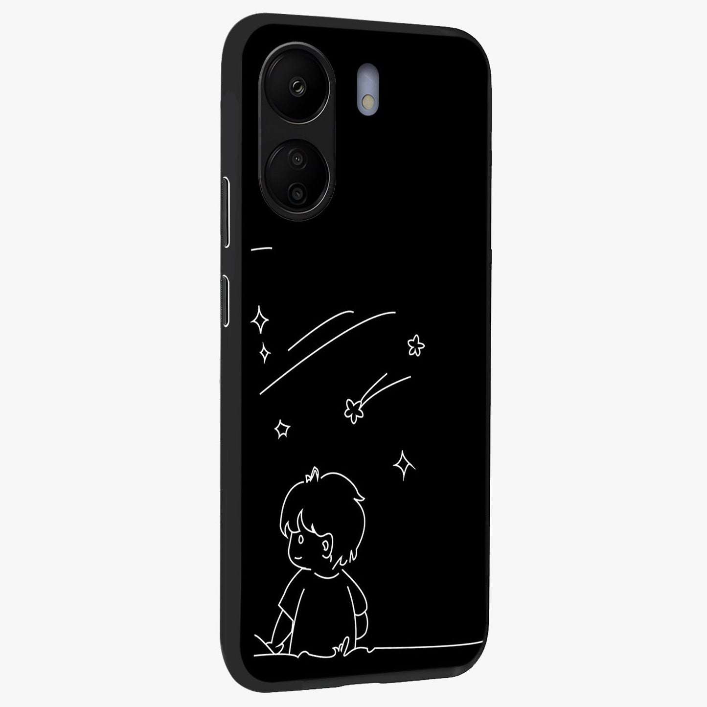 Line Art Boy With Shooting Stars Glass Case upright view showcasing artistic shooting star illustration with minimal style.