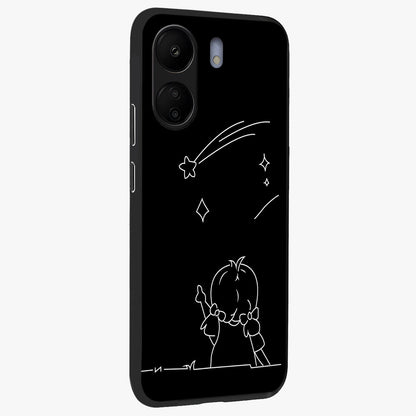 Line Art Girl With Shooting Stars Glass Case upright view showcasing delicate shooting stars artwork with minimal artistic theme.