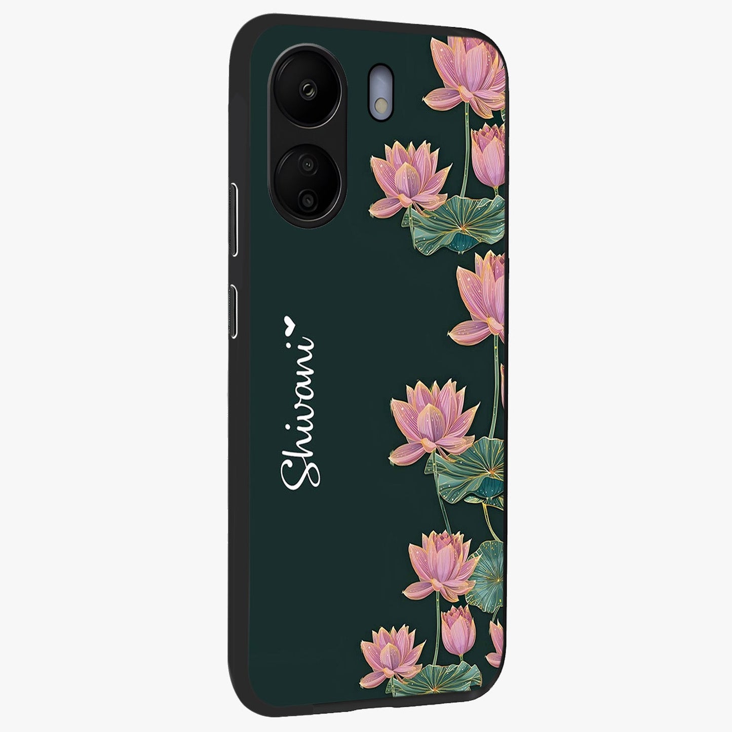 Lotus Bloom Serenity Custom Name Glass Case upright view showcasing serene lotus bloom artwork with personalized floral aesthetic.