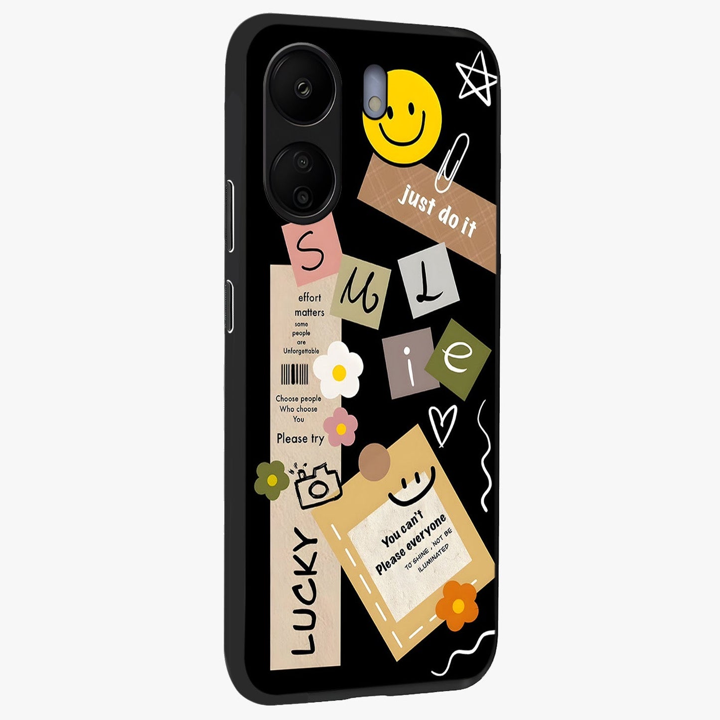 Lucky Aesthetic Collage Glass Case upright view showcasing vibrant collage artwork with youthful aesthetic theme.
