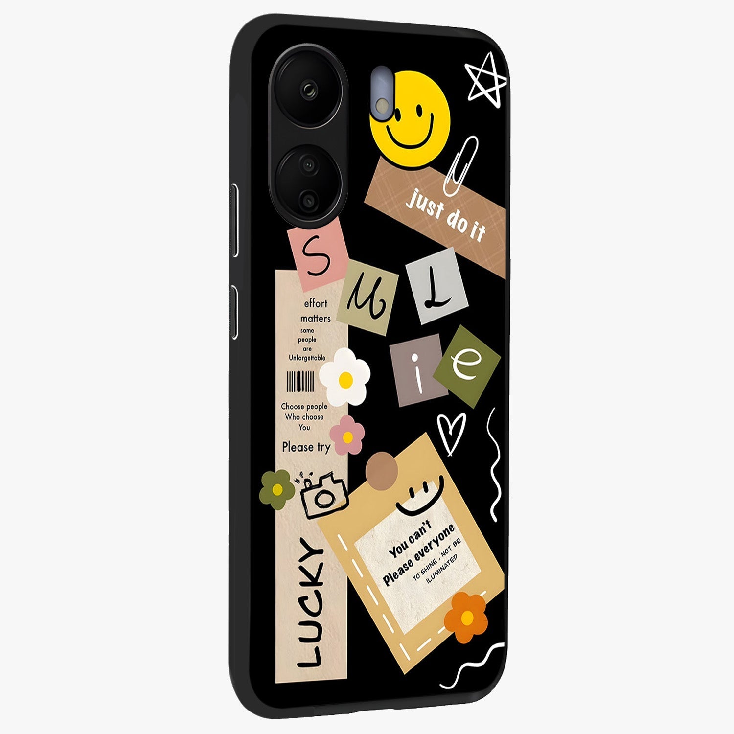 Lucky Aesthetic Collage Glass Case upright view showcasing vibrant collage artwork with youthful aesthetic theme.
