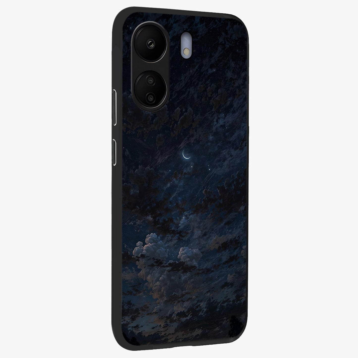 Lunar Veil Silence Glass Case upright view showcasing calm moon themed artwork with serene night atmosphere.