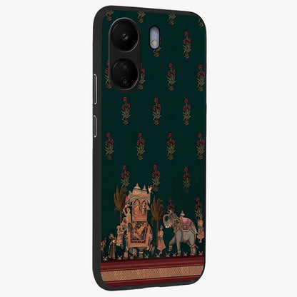 Macmerise Glass Case upright view showcasing bold artistic artwork with contemporary design theme.