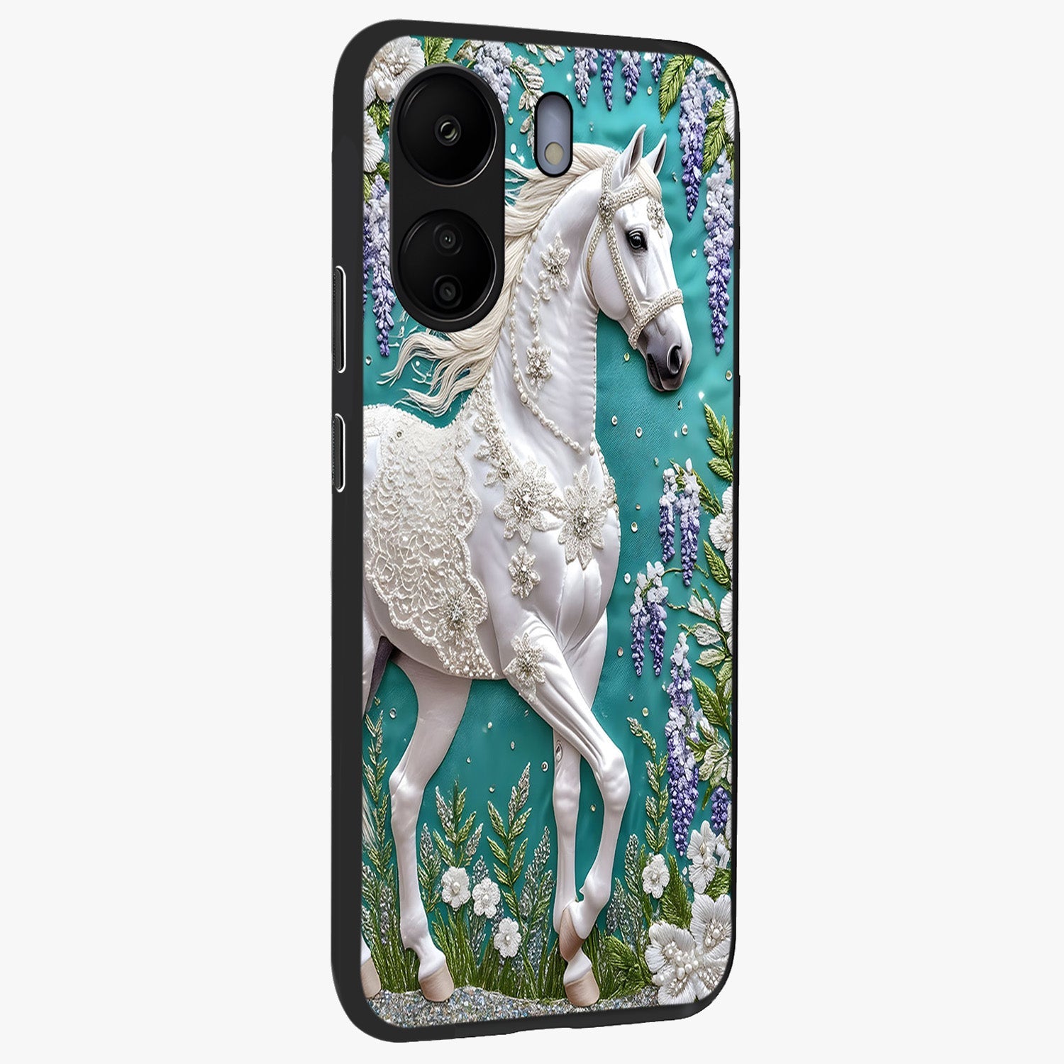 Majestic Floral Stallion Glass Case upright view showcasing dramatic horse artwork with decorative floral theme.