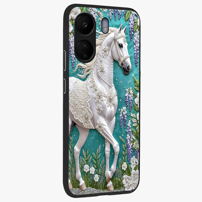 Majestic Floral Stallion Glass Case upright view showcasing dramatic horse artwork with decorative floral theme.