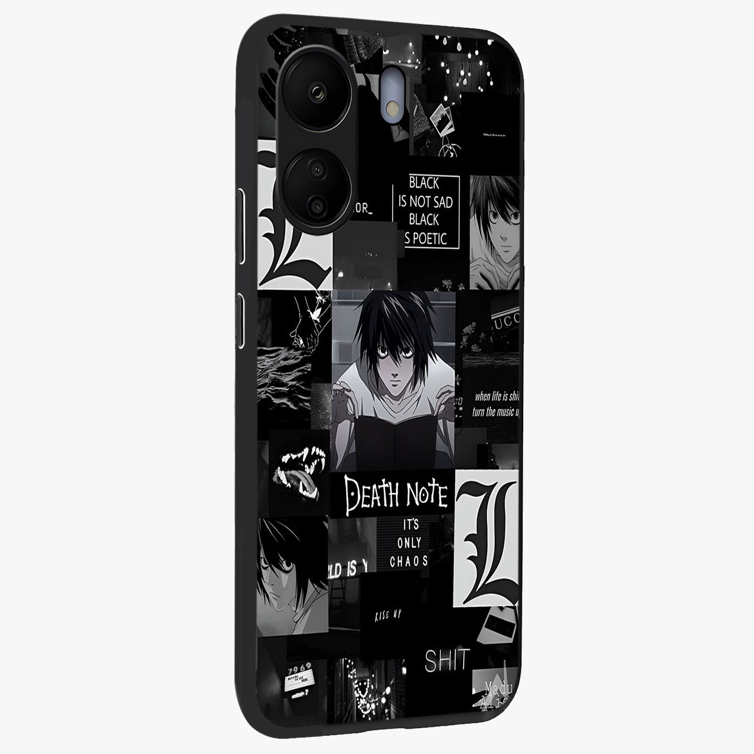 Midnight Chaos Mind Glass Case upright view showcasing expressive abstract artwork with bold dark theme.