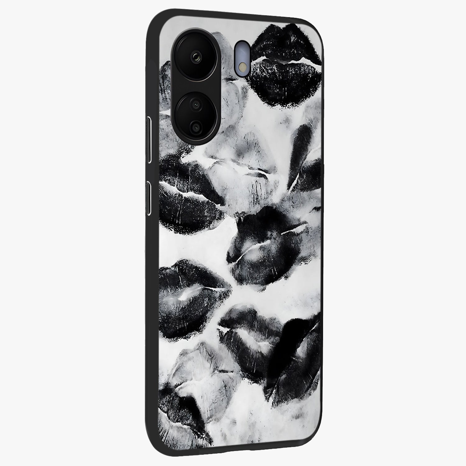 Midnight Kiss Marks Glass Case upright view showcasing stylish kiss mark artwork with trendy romantic theme.