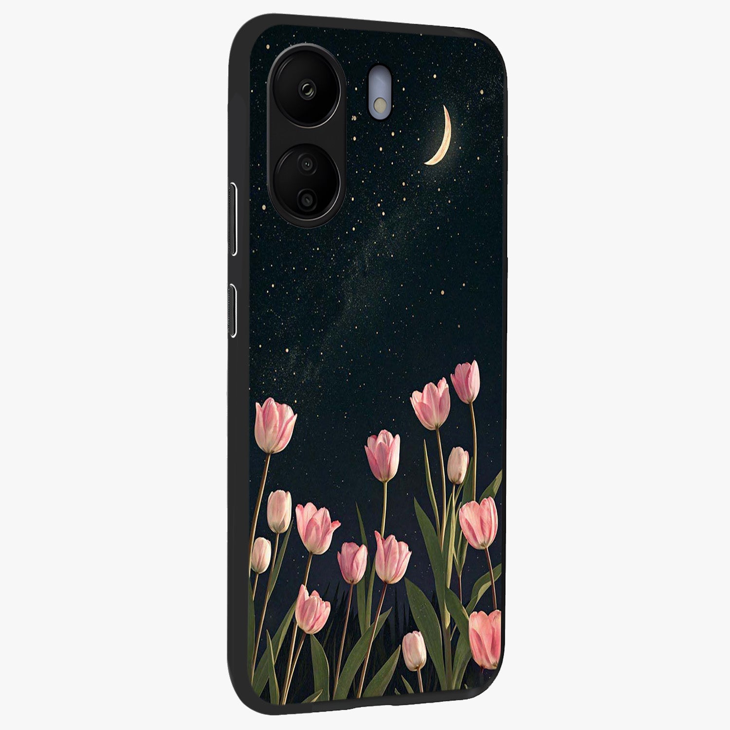 Midnight Tulip Whispers Vibe Glass Case upright view showcasing graceful tulip artwork with calm botanical theme.
