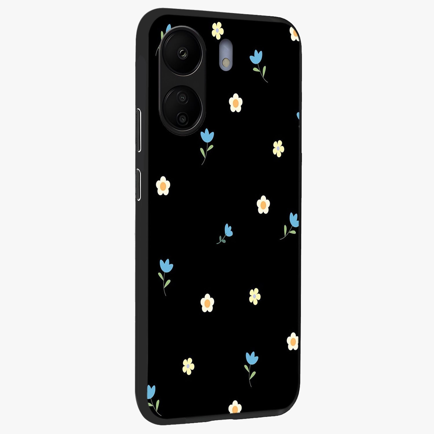 Minimal Petal Whispers Glass Case upright view showcasing elegant floral artwork with modern minimalist style.