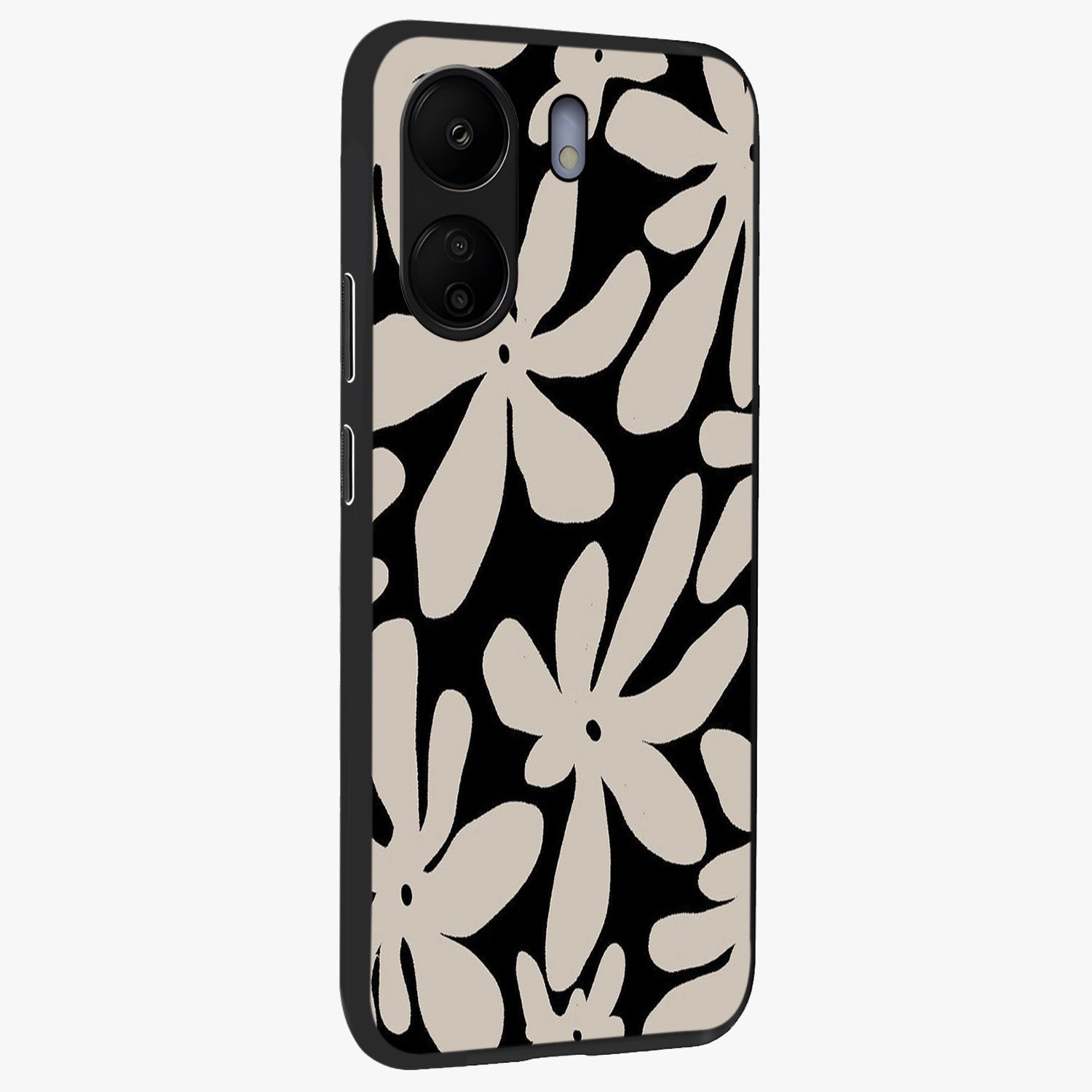 Monochrome Petal Dance Glass Case upright view showcasing artistic floral pattern with stylish monochrome theme.