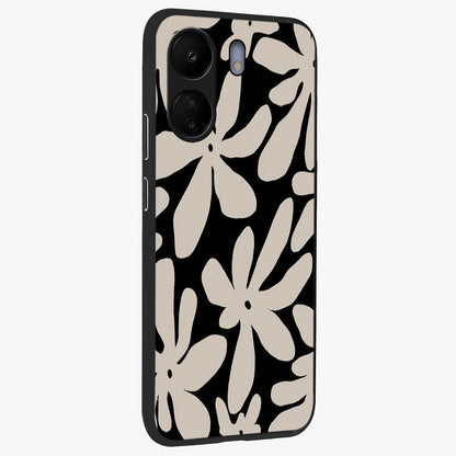 Monochrome Petal Dance Glass Case upright view showcasing artistic floral pattern with stylish monochrome theme.