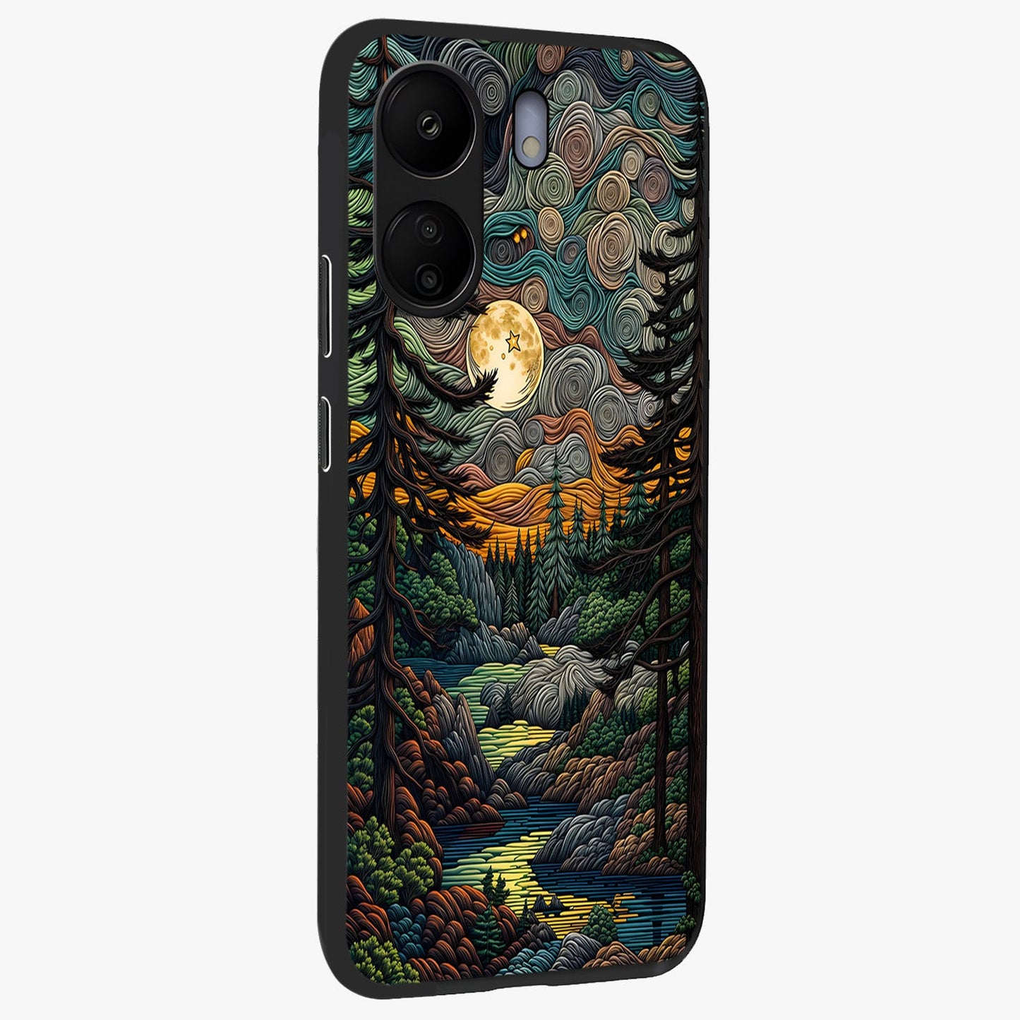 Moonlight Forest Dream Glass Case upright view showcasing magical forest artwork with calm night theme.