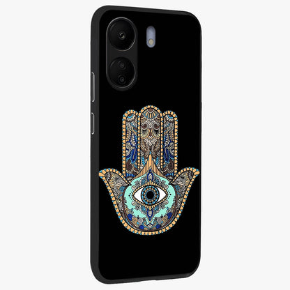 Mystic Hamsa Eye Glass Case upright view showcasing detailed hamsa eye artwork with protective spiritual theme.