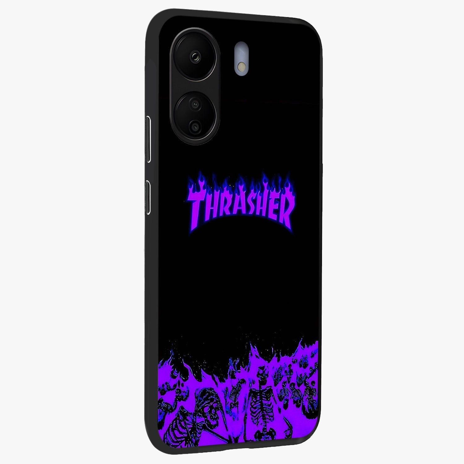Neon Flame Riot Glass Case upright view showcasing dynamic flame artwork with energetic neon theme.