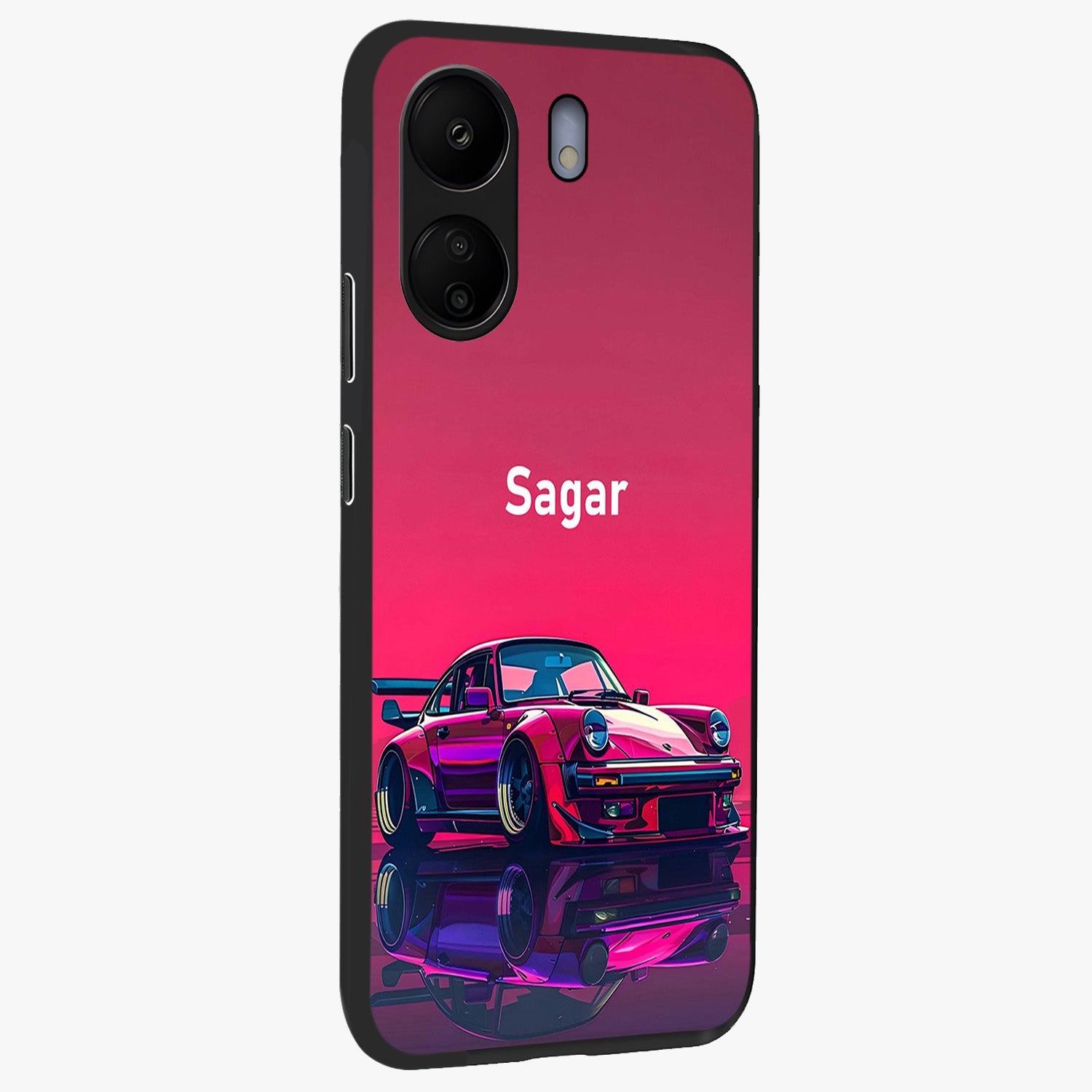 Neon Pink Porsche Glass Case upright view showcasing vibrant sports car artwork with bold automotive theme.