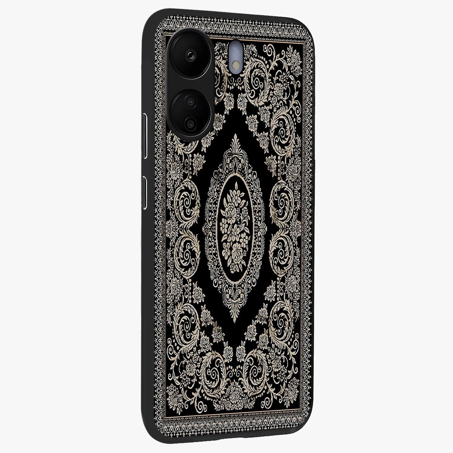 Noir Bloom Elegance Glass Case upright view showcasing graceful floral artwork with luxurious dark theme.
