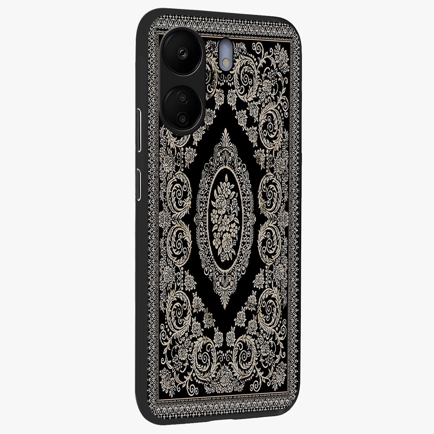Noir Bloom Elegance Glass Case upright view showcasing graceful floral artwork with luxurious dark theme.