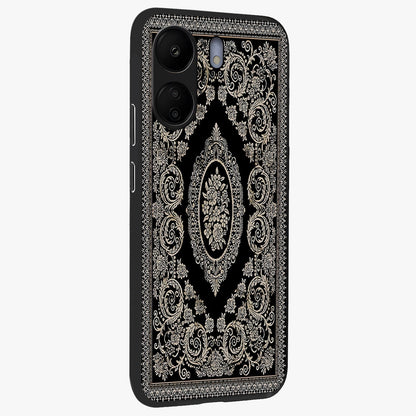 Noir Bloom Elegance Glass Case upright view showcasing graceful floral artwork with luxurious dark theme.