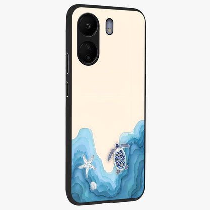 Ocean Drift Turtle Glass Case upright view showcasing calm underwater turtle artwork with nature inspired theme.