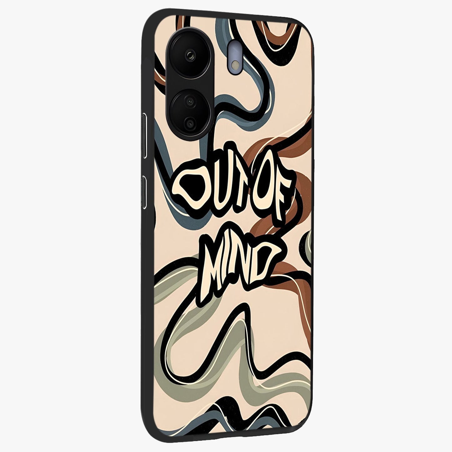 Out Of Mind Glass Case upright view showcasing striking typography artwork with edgy conceptual theme.