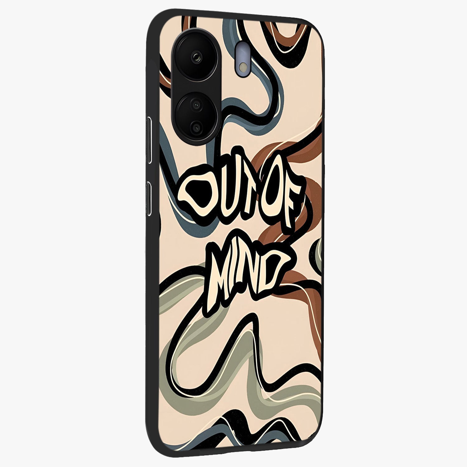 Out Of Mind Glass Case upright view showcasing striking typography artwork with edgy conceptual theme.