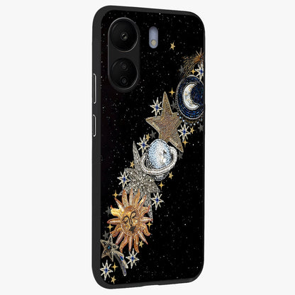 Pearls Universe Object Glass Case upright view showcasing decorative pearl themed artwork with cosmic elegance.