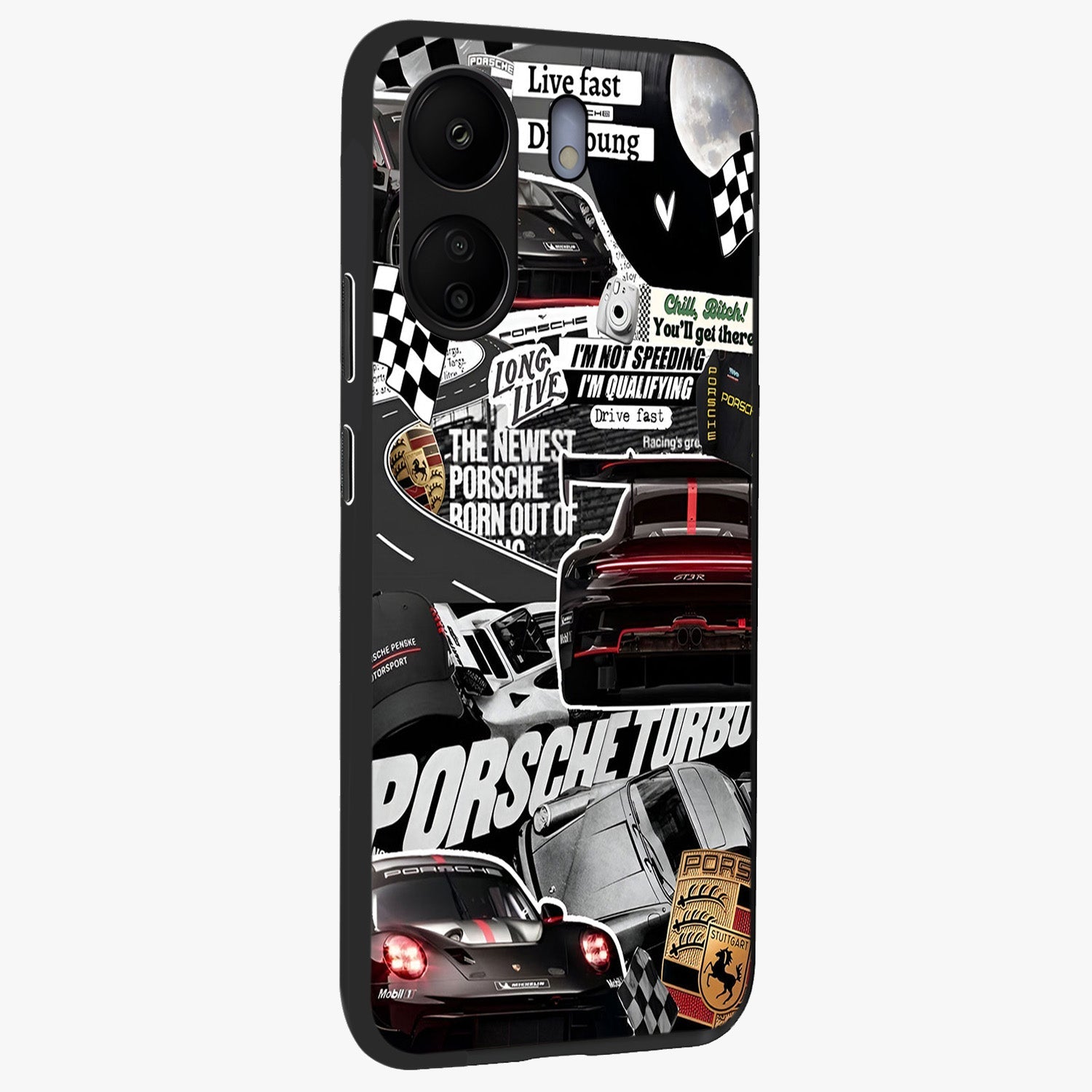 Porsche Racing Collage Glass Case upright view showcasing energetic car collage artwork with high speed racing theme.