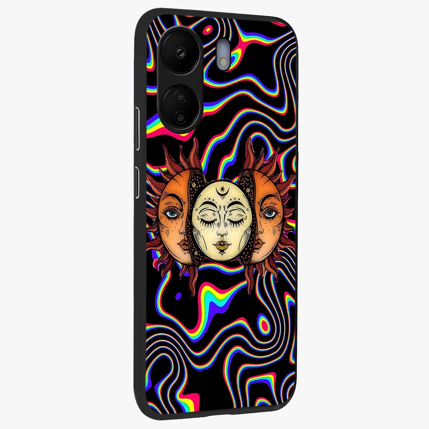 Psychedelic Sun Glass Case upright view showcasing trippy sun artwork with bold psychedelic theme.
