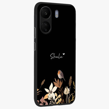 Quiet Garden Tune Custom Name Glass Case upright view showcasing serene botanical artwork with personalized aesthetic.