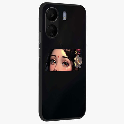 Radha Divine Embrace Glass Case upright view showcasing sacred Radha themed artwork with peaceful devotional style.