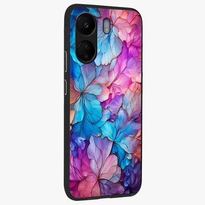 Radiant Floral Whirl Glass Case upright view showcasing lively floral artwork with decorative swirl theme.
