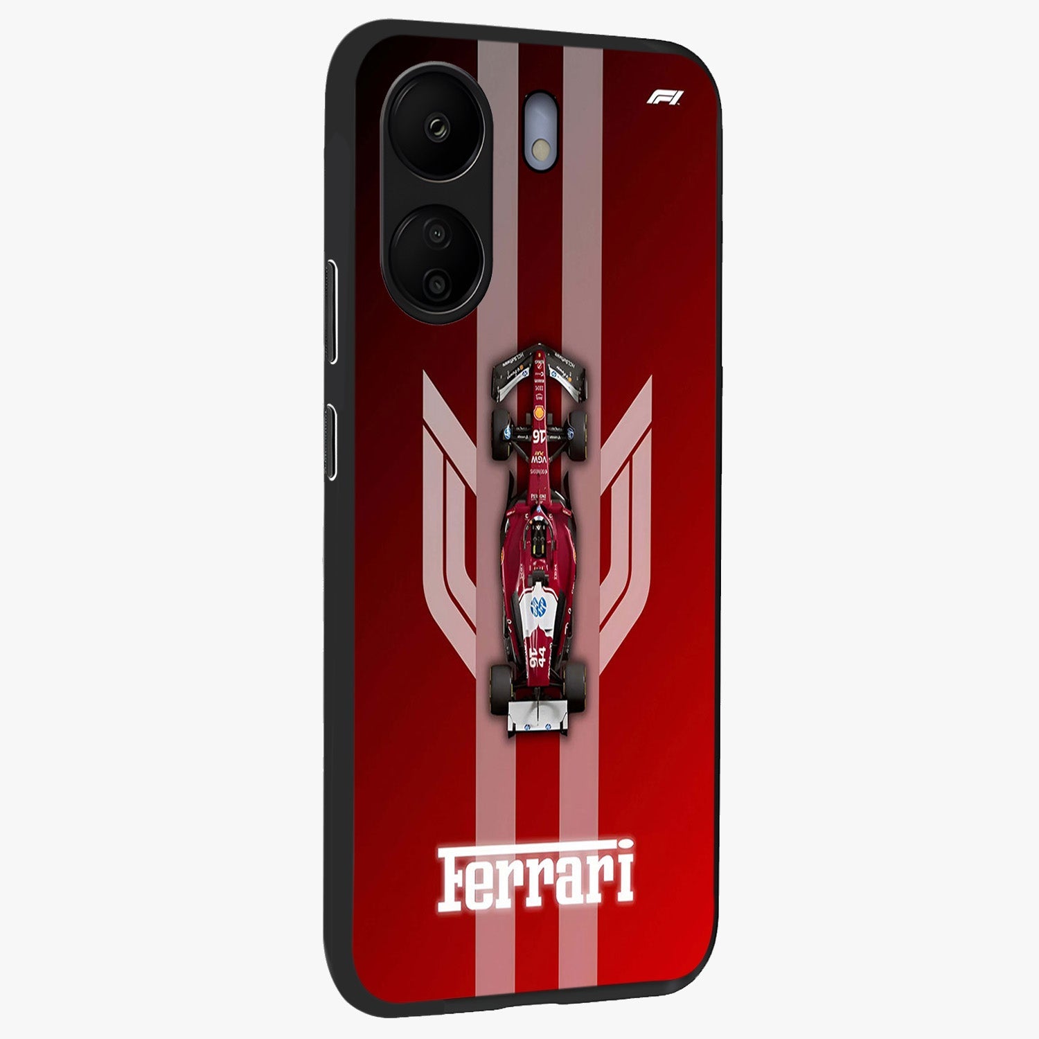 Red Ferrari F1 Vertical Glass Case upright view showcasing powerful Formula car artwork with dynamic motorsport theme.
