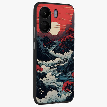 Red Sunset Scenery Glass Case upright view showcasing dramatic sunset scenery artwork with warm nature theme.