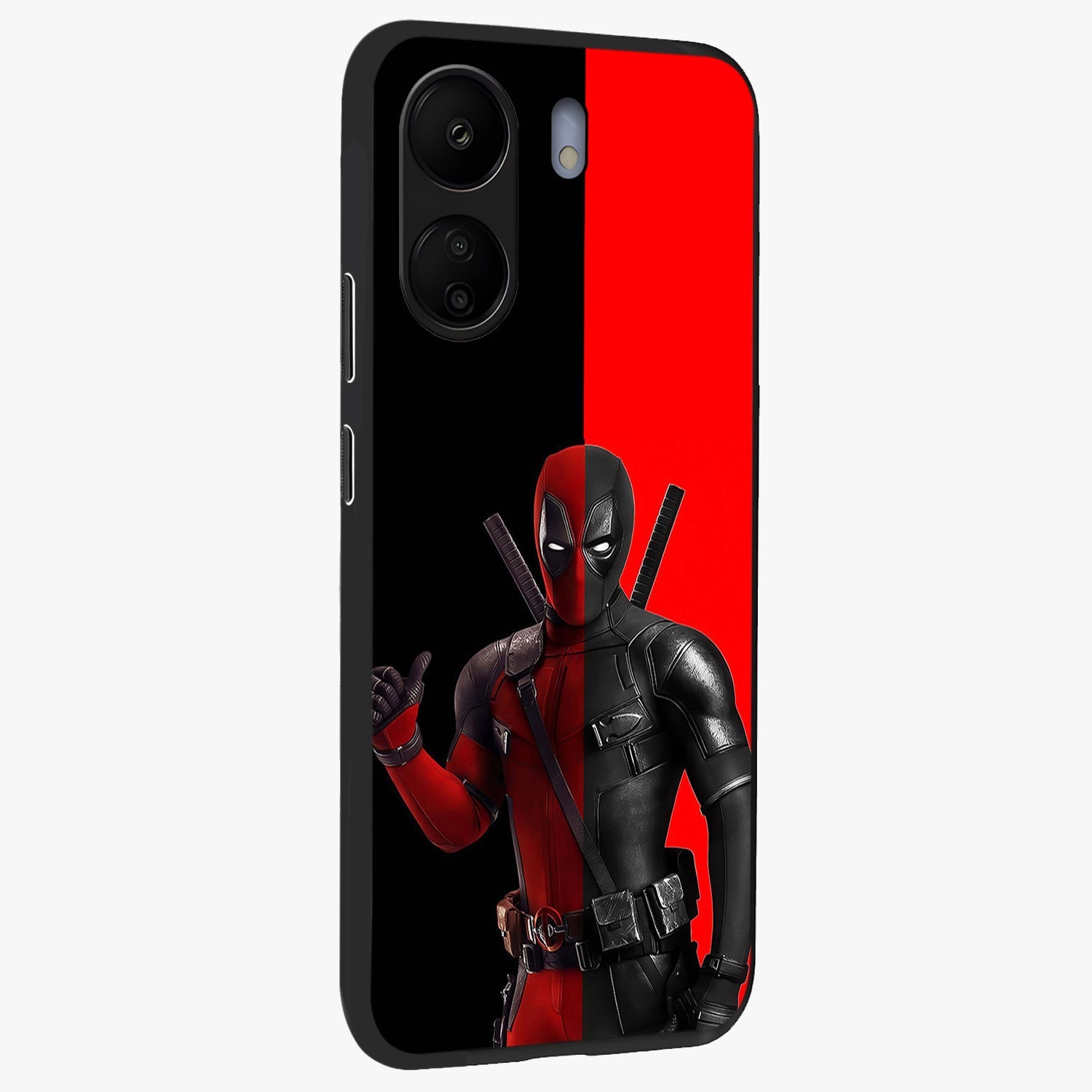 Red & Black Deadpool Theme Glass Case upright view showcasing energetic comic themed artwork with striking red and black design.